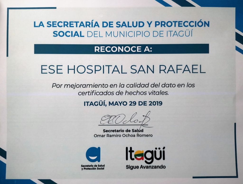 SECRETARÍA DE SALUD REALIZA RECONOCIMIENTO A LA E.S.E HOSPITAL SAN RAFAEL DE ITAGÜÍ